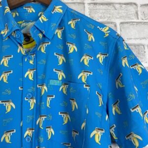 Retro Rifle Shirt Mens MEDIUM Organic Banana Hawaiian Tropical Blue Button Shirt